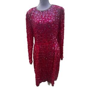 Vintage 80s Nite Line 100% Silk Beaded Long Sleeve 10 Formal Cocktail Dress